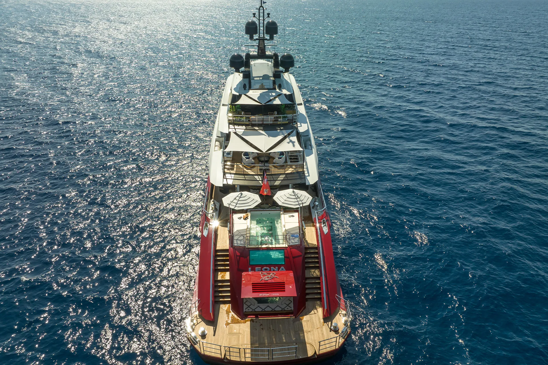 Aerial view over Leona's aft decks
