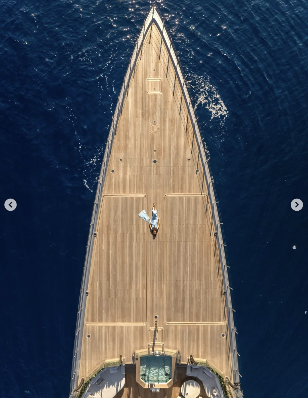 Aerial view looking across a yacht foredeck
